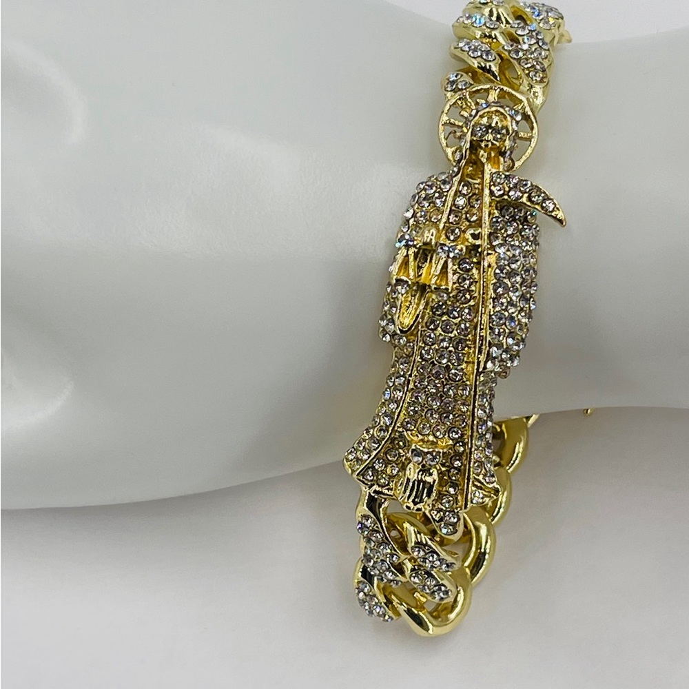 Grim Reaper Bracelet Full of Stones Luxurious GOLD PLATED/pulsera Santa Muerte - Picture 10 of 10